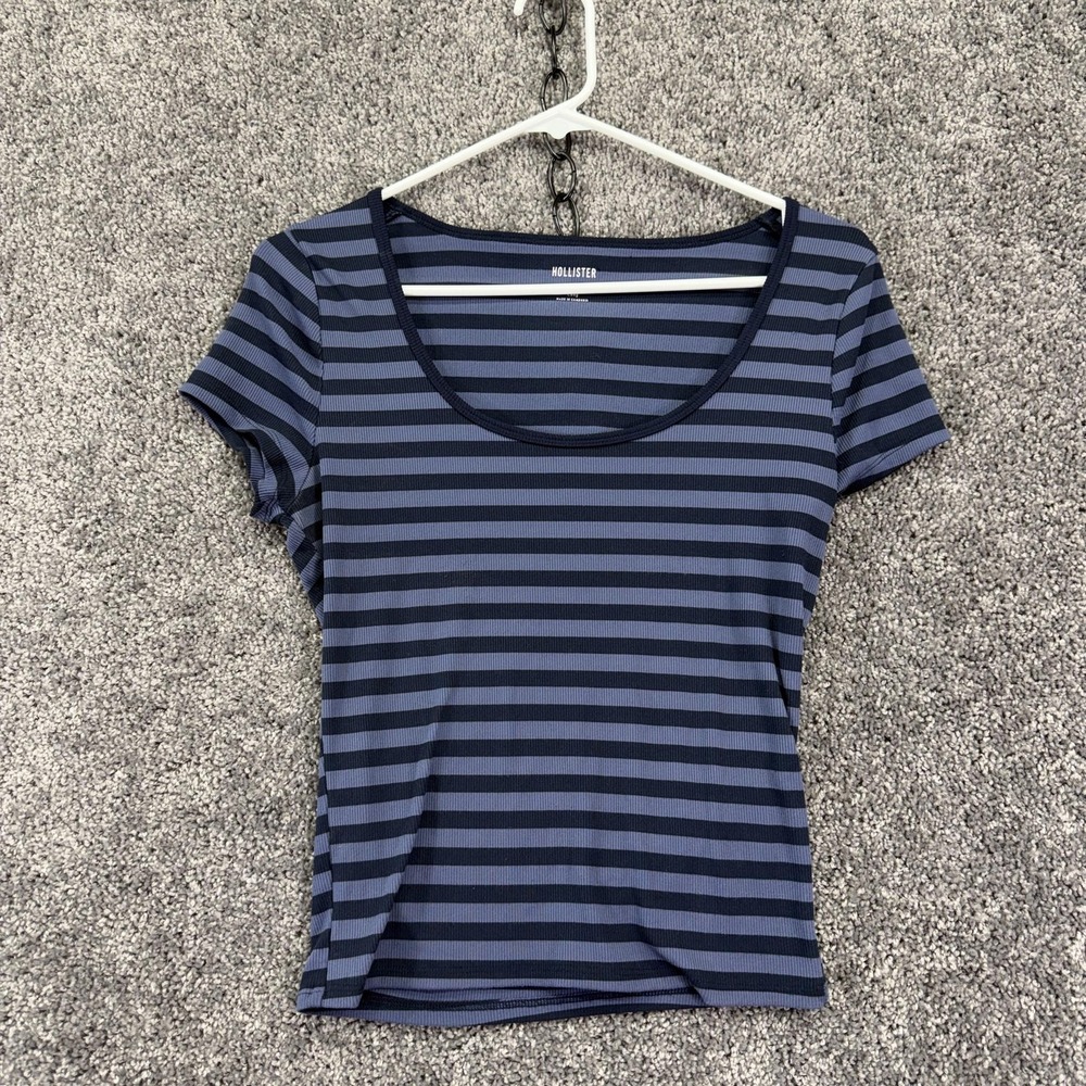 Hollister Shirt Juniors Medium Blue Striped Scoop Neck Short Sleeve Stretch